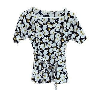Women’s ModCloth Poema Navy & white floral Short sleeve blouse workwear teacher
